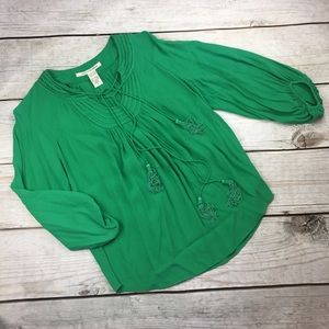 Diane Von Furstenberg Blouse- Green Boho Tassel- 6